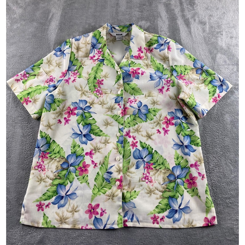 Alia Womens Tropical Floral Button Up Blouse Short Sleeve Shoulder Pads Size 14